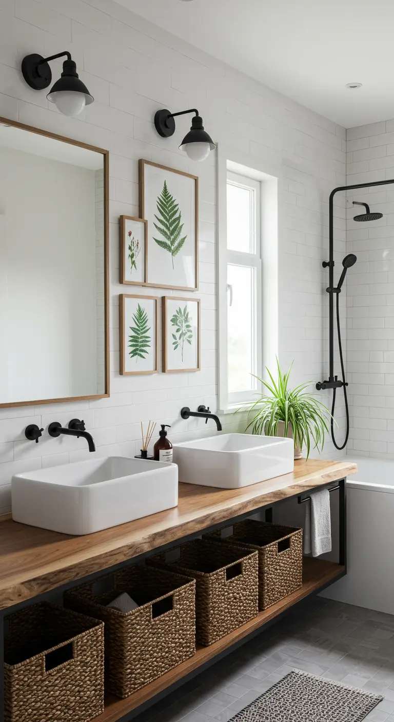 White bathroom with a wood vanity, woven baskets underneath, and framed botanical art.