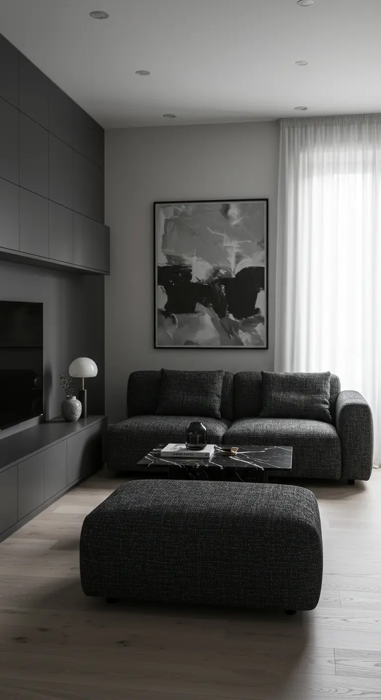 Dark gray monochrome living room with a modular sofa and integrated media console.