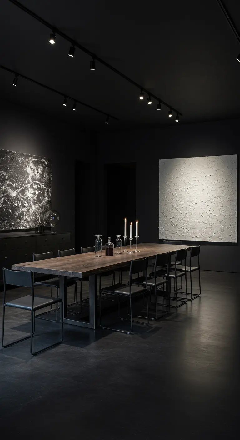 All-black dining room with a long wood table, black chairs, and dramatic track lighting.