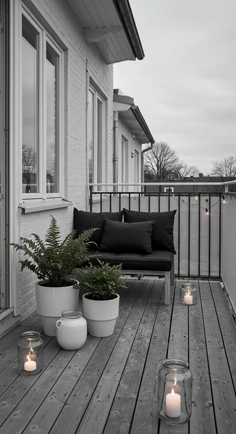 A balcony with a black bench, black cushions, and lush ferns in clean white pots.