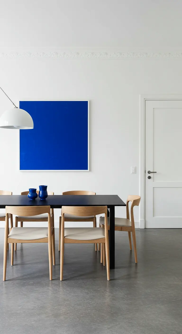 A minimalist white room with a black table, wood chairs, and a large solid blue painting.