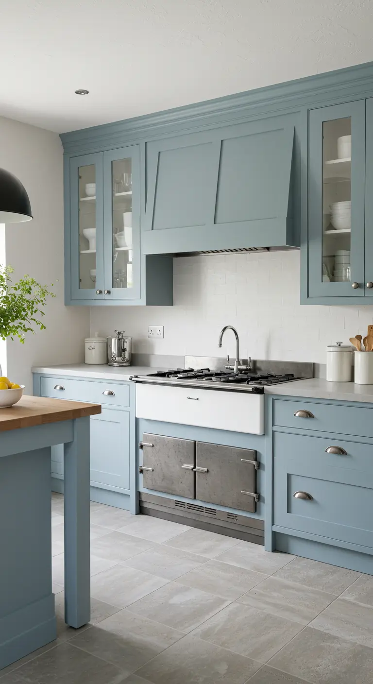 A light blue kitchen with a white farmer's sink and integrated oven, and a white tile backsplash.