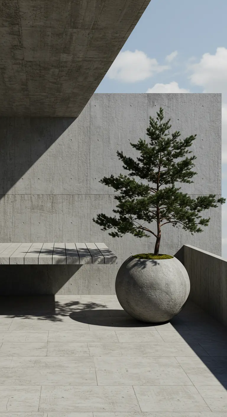 A stark concrete patio with a single, large spherical stone planter holding a small pine tree.