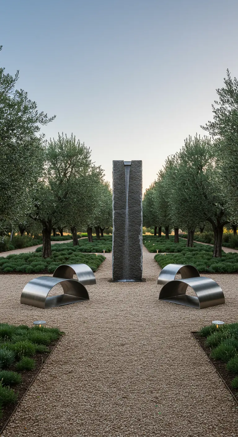 A formal garden path with a modern stone waterfall and symmetrical arched metal benches.