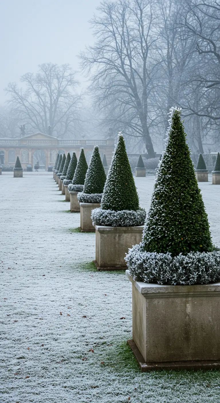 A long row of identical cone-shaped topiaries in stone planters on a frosty lawn.
