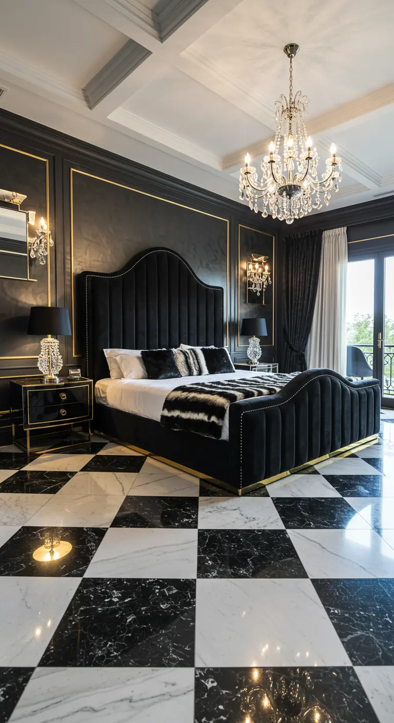 Black and gold glam bedroom with checkerboard marble floors and a crystal chandelier.