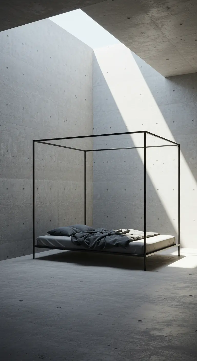 Minimalist concrete room with a skylight illuminating a simple black canopy bed.