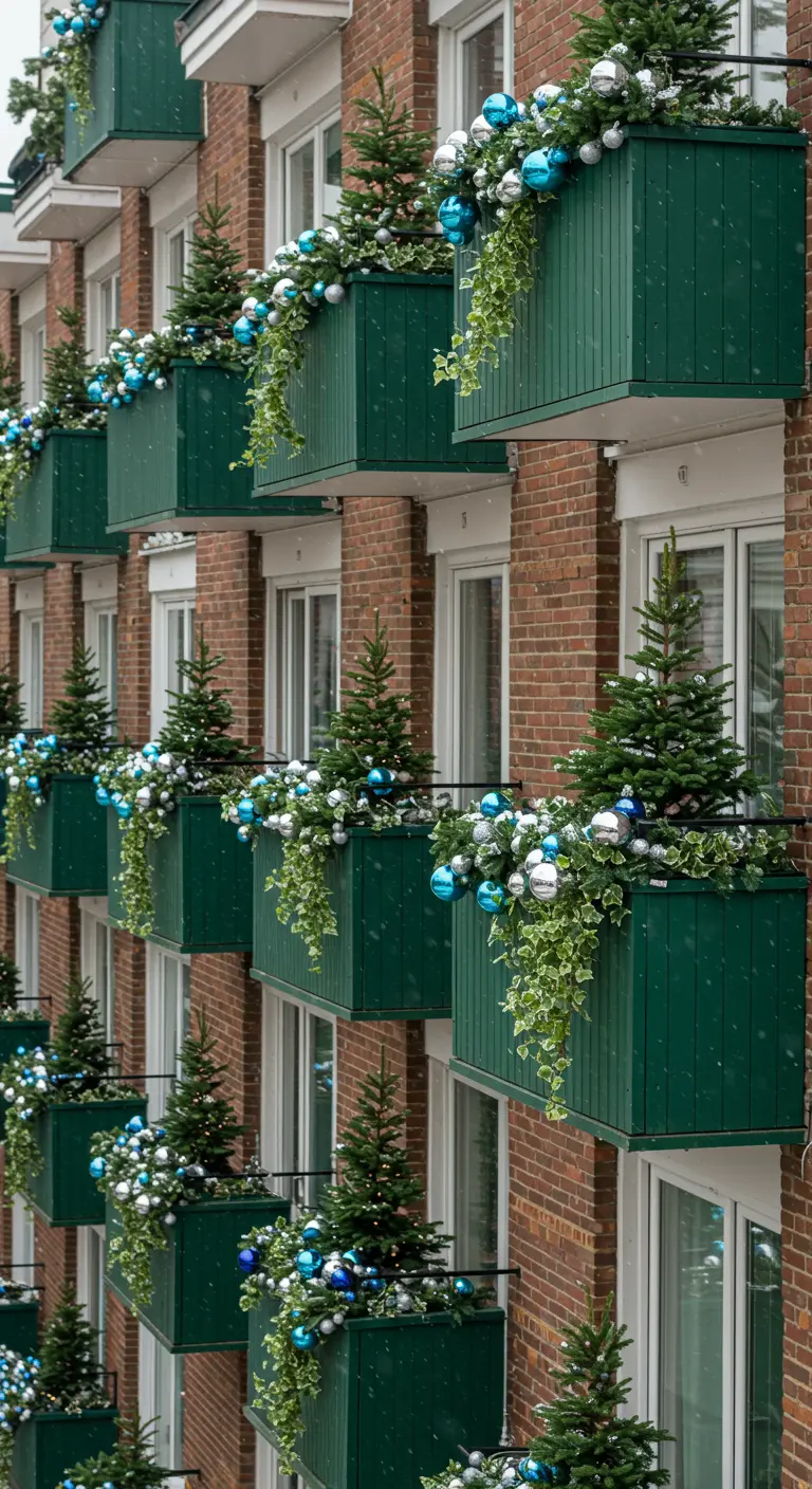 Multiple apartment balconies decorated uniformly with trees and blue and silver baubles.