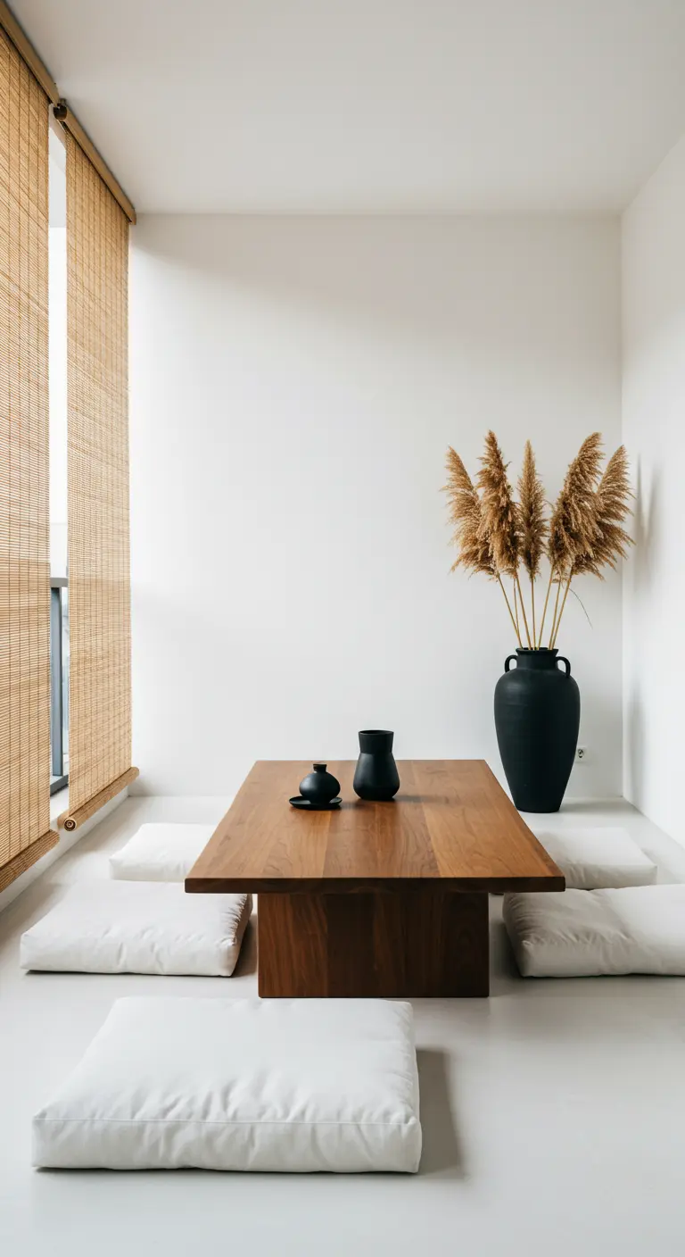 A minimalist white balcony with bamboo blinds, white cushions, and a black vase with pampas grass.