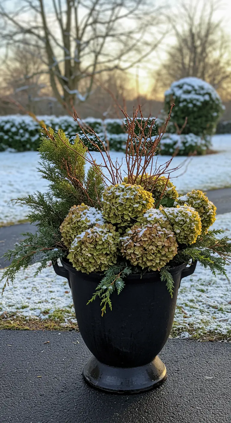 A simple black urn with green hydrangeas and evergreen sprigs, dusted with snow.