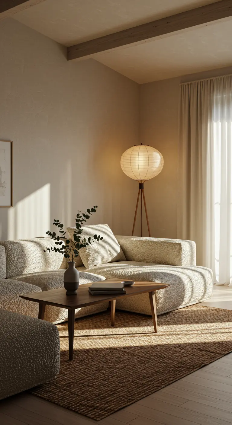 Japandi living room with a beige bouclé sofa, jute rug, and a glowing paper floor lamp.