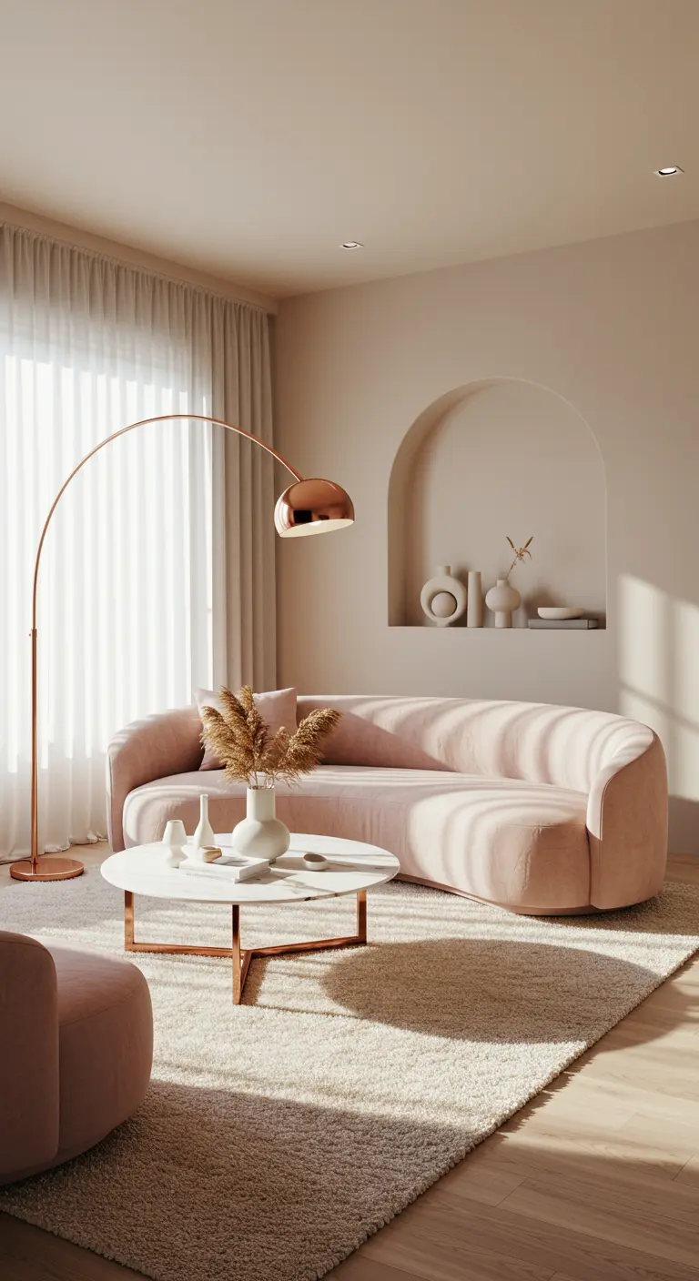 Living room with a blush pink curved sofa, rose gold arc lamp, and an arched wall niche.