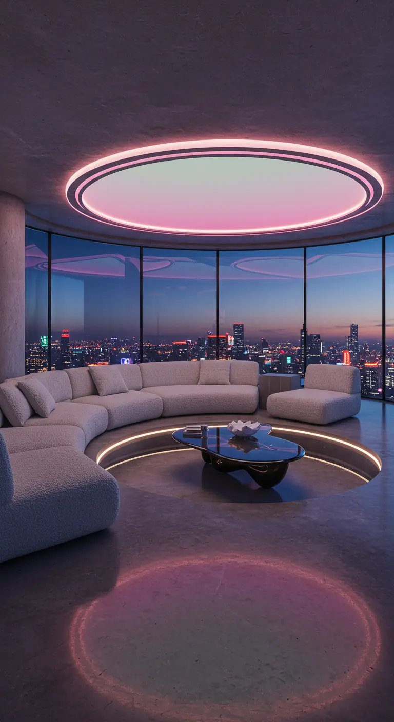Futuristic living room with curved sofa, recessed LED lighting, and circular ceiling fixture.