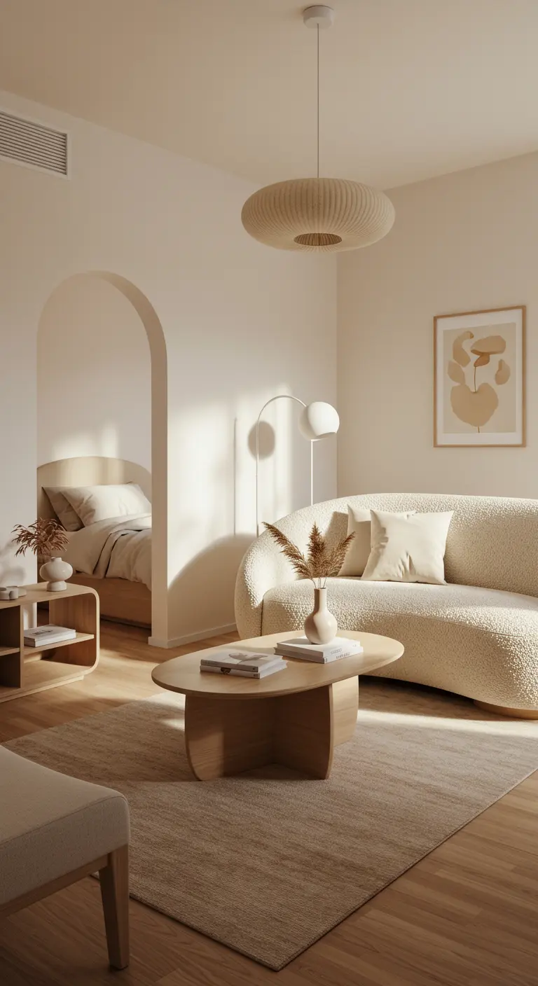 Living room with a curved bouclé sofa and an arched opening to the bedroom.