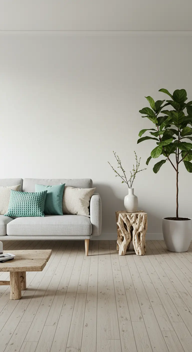 Minimalist living room with a light grey sofa, a driftwood stump side table, and a large plant.