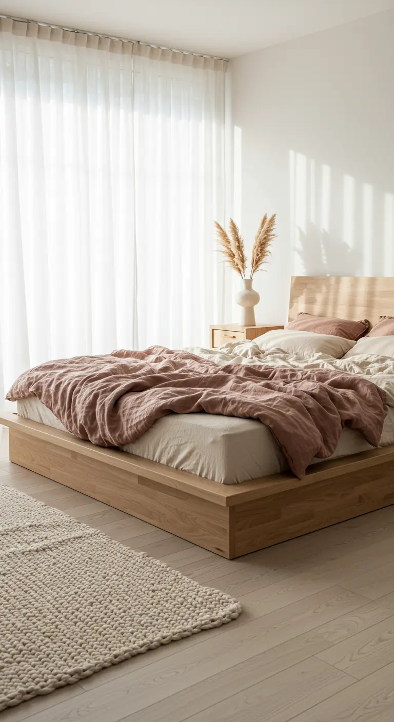 Light wood platform bed with dusty rose linen bedding and sheer curtains.