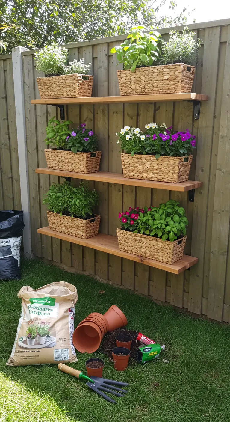 Several teak shelves mounted on a wooden fence, holding rectangular baskets of flowers and herbs.