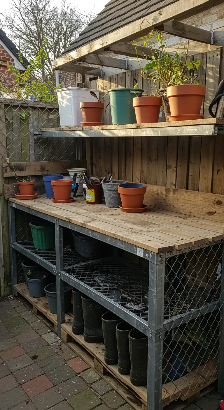 A functional potting bench with a metal frame and wire shelves, used for storing muddy boots and pots.