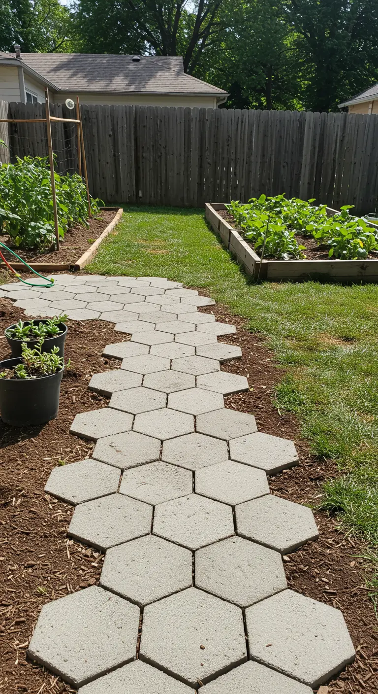 A simple hexagonal paver path running between two raised vegetable garden beds.