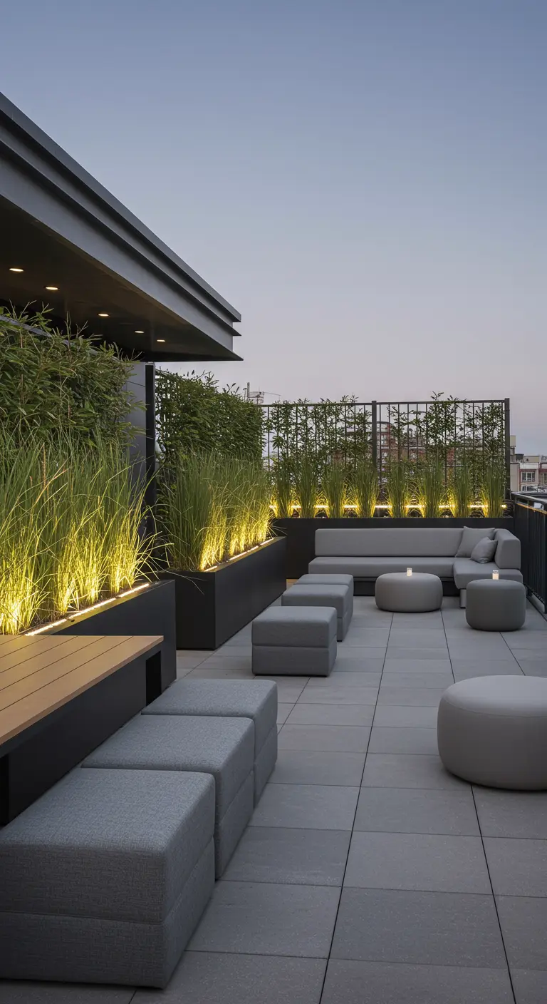 A large, modern rooftop with long planters of illuminated grasses and grey modular seating.