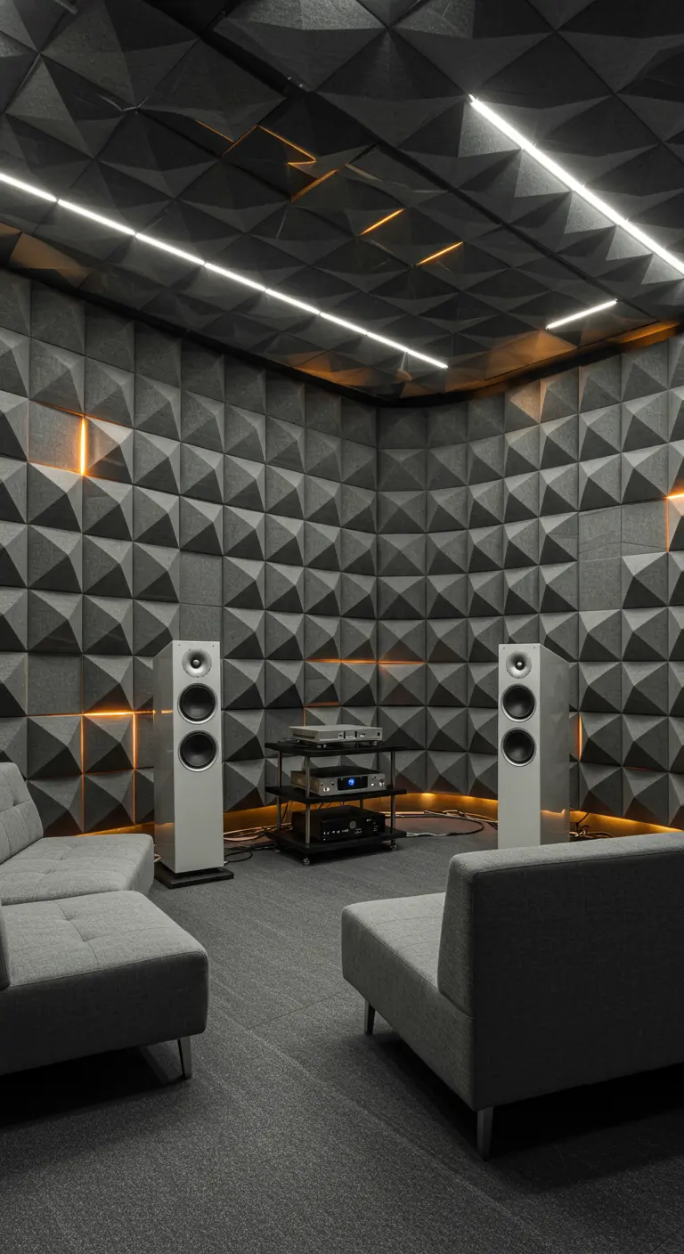 A soundproof listening room with grey geometric acoustic foam panels on the walls and ceiling.