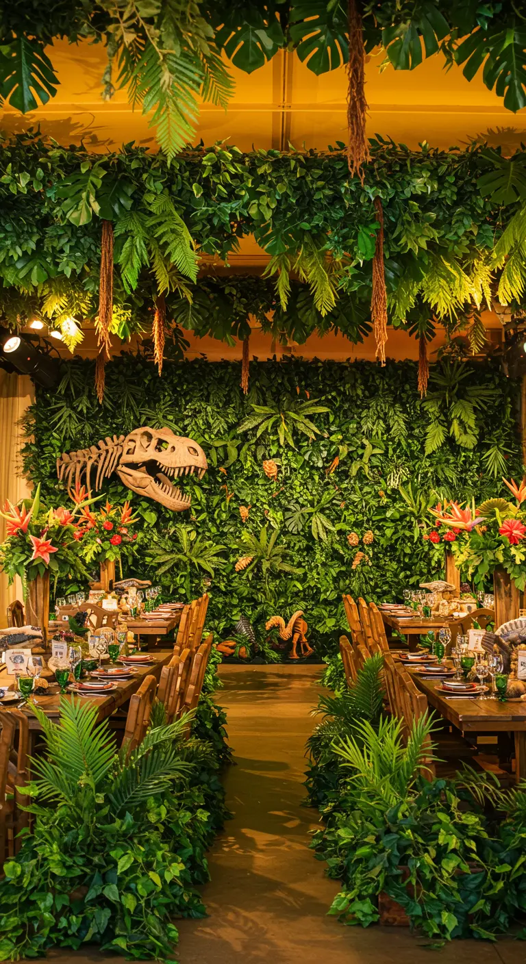 A dinosaur-themed party with a T-Rex skull on a jungle wall and tropical flowers.
