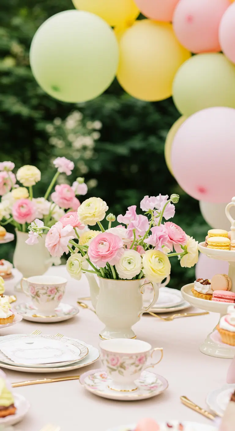 Close-up of a white teapot used as a vase for pink and yellow flowers.