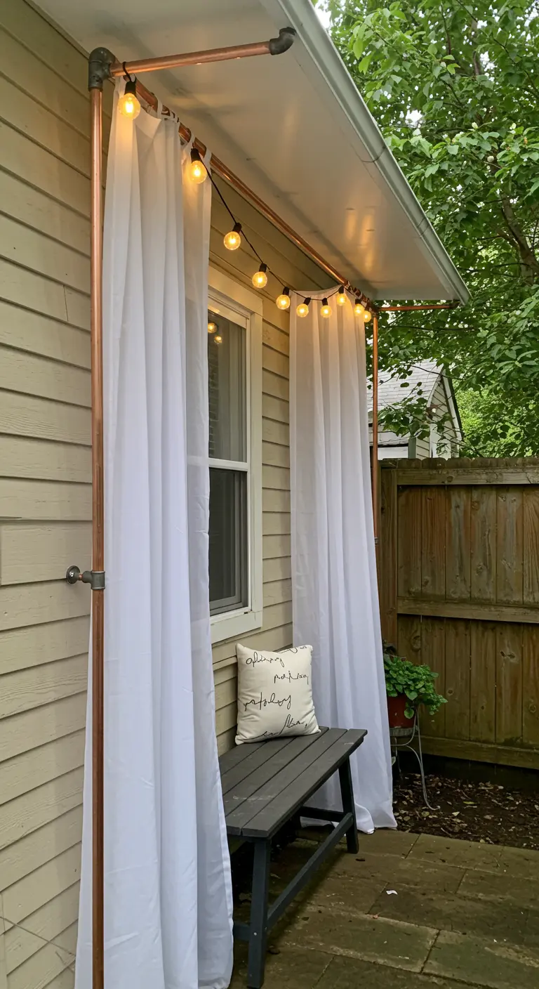 A copper pipe frame with white sheer curtains and string lights creating a private nook.