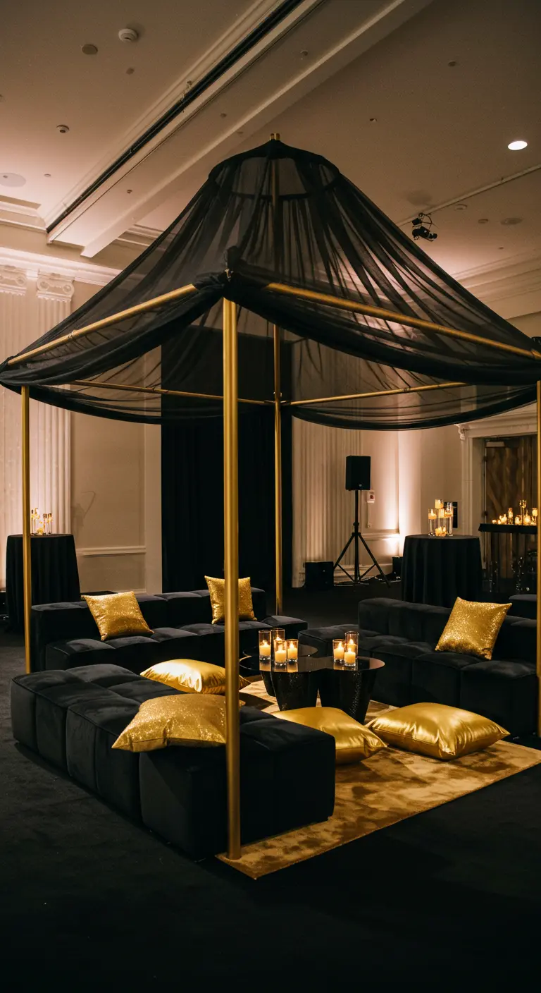 A black canopy tent with gold poles, filled with black lounge seating and gold pillows.