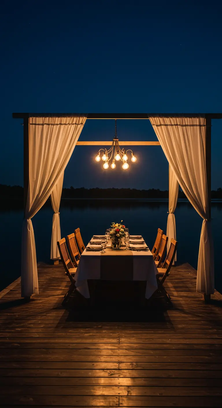 An intimate dinner table set on a wooden pier under a draped canopy with a central light fixture.