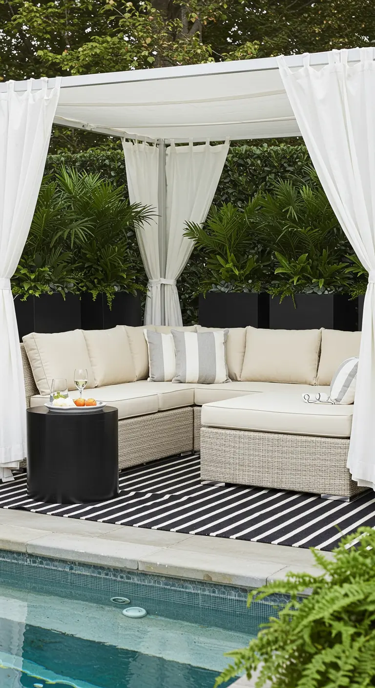 A rattan sectional under a white canopy with sheer curtains by a swimming pool.