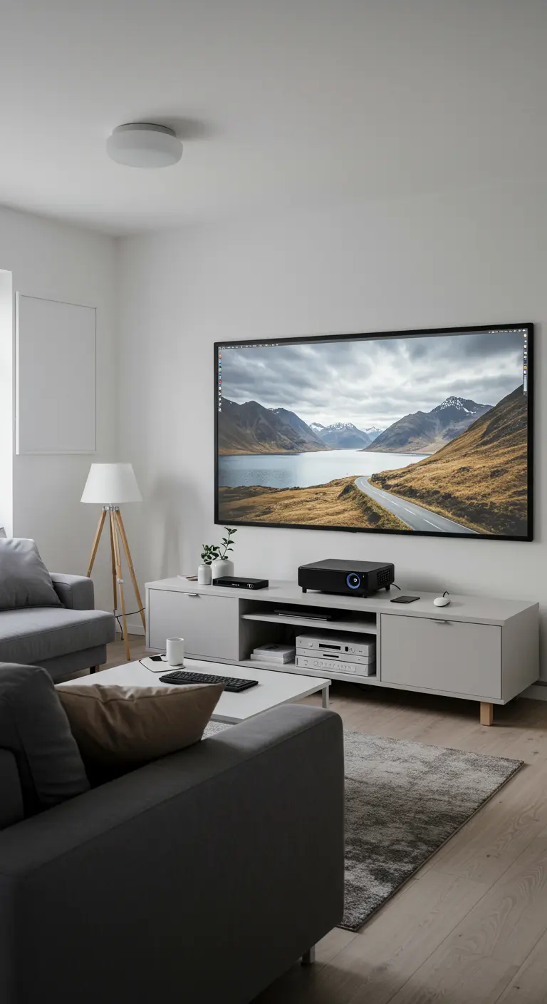 A projector displaying an image on a large white wall above a media console in a modern living room.
