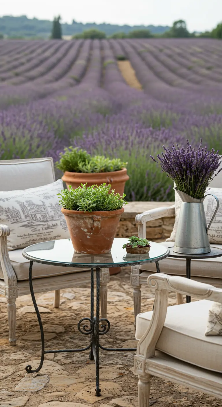 A stone patio overlooking lavender fields with terracotta pots and a pitcher of lavender.