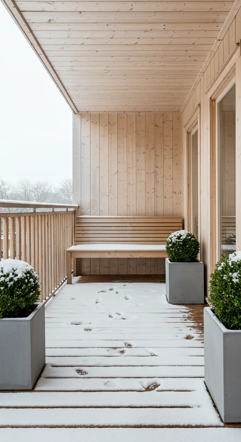 A clean, light-wood balcony with a matching bench and two modern planters with boxwood spheres.