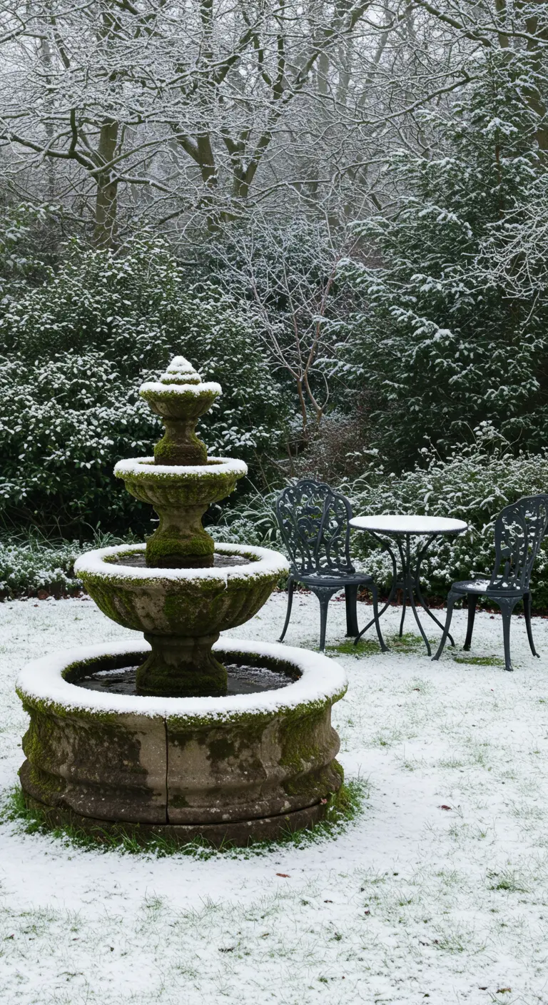 Mossy stone fountain and wrought iron bistro set covered in a light layer of snow.