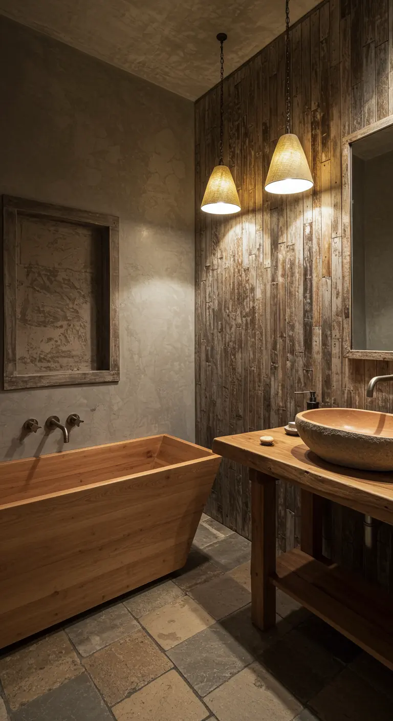 Rustic bathroom with a weathered wood accent wall, an angular wooden tub, and a stone basin.