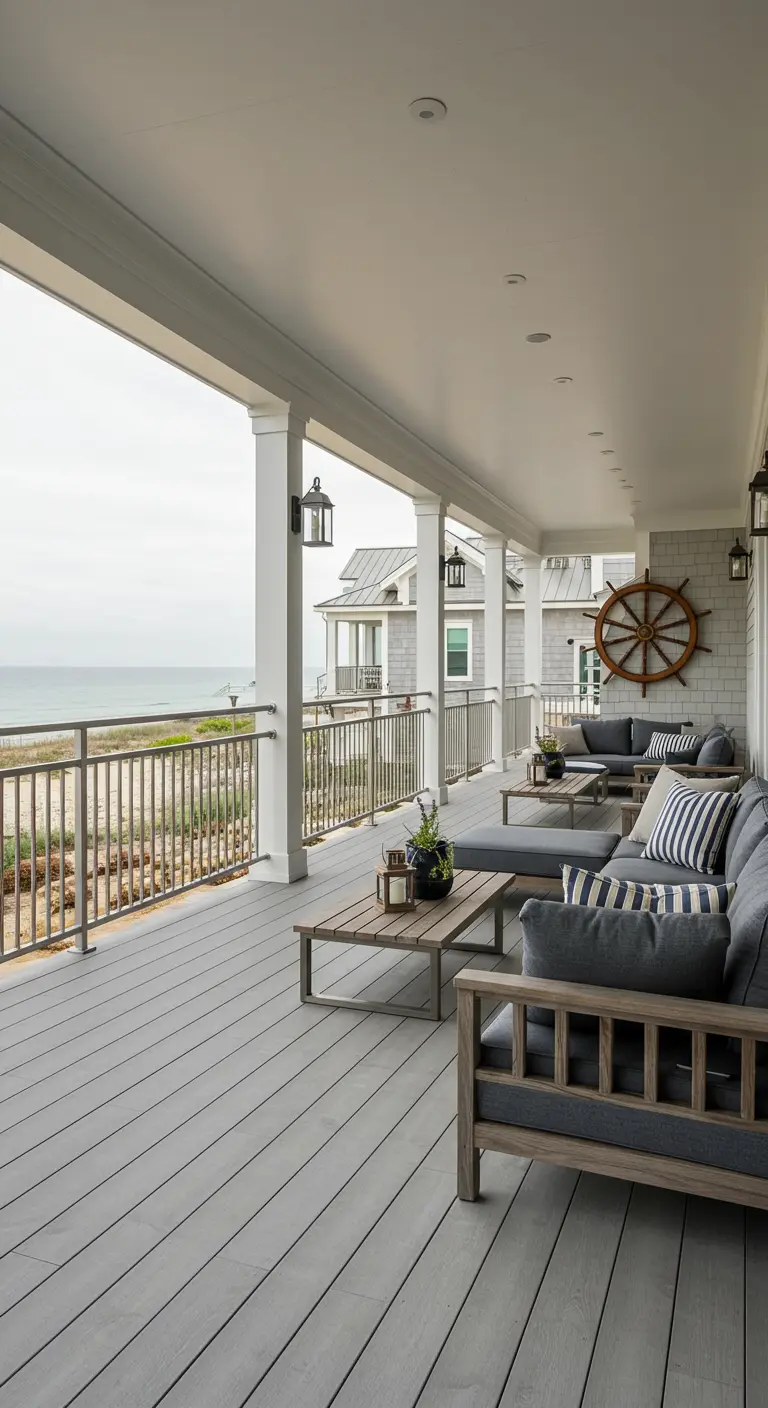 A spacious coastal porch with gray decking, muted blue cushions, and a ship's wheel on the wall.