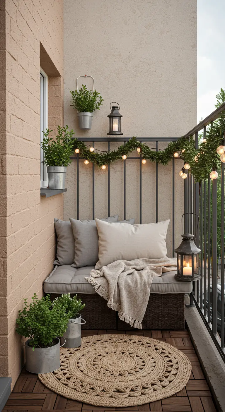 A calm, neutral balcony with a jute rug, simple bench seating, and potted herbs.