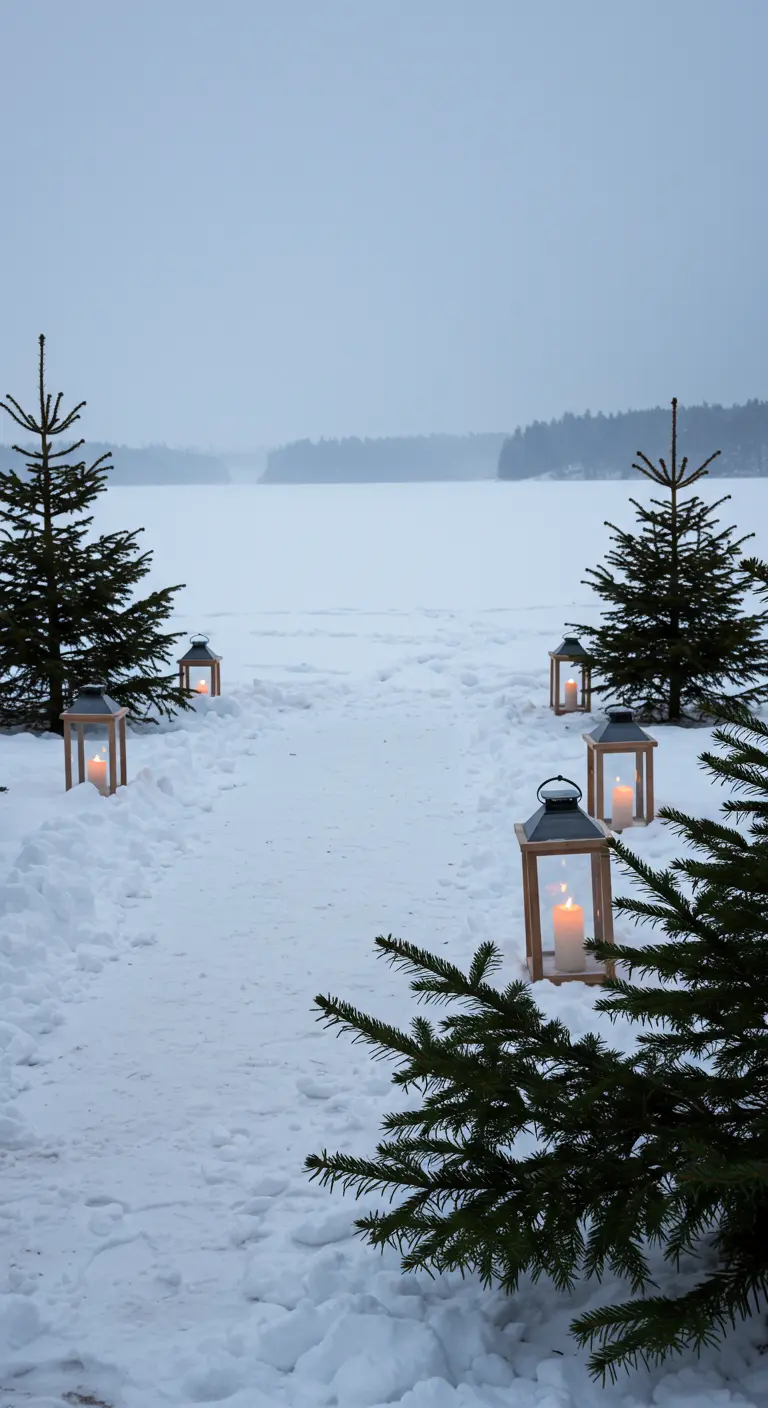 Wooden lanterns with candles marking a path in a wide snowy landscape.