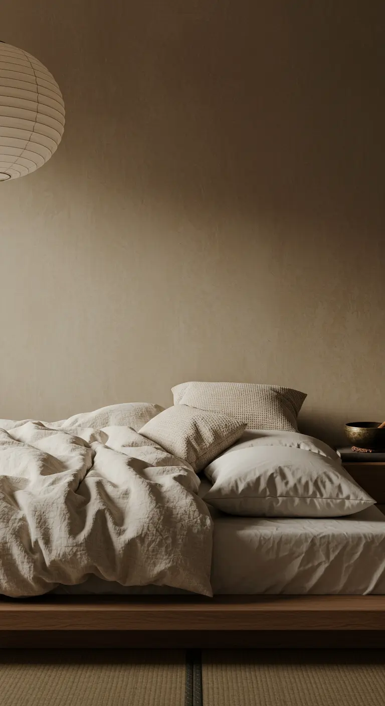 Minimalist bedroom with beige plaster walls, low bed with linen sheets, and a paper lantern.