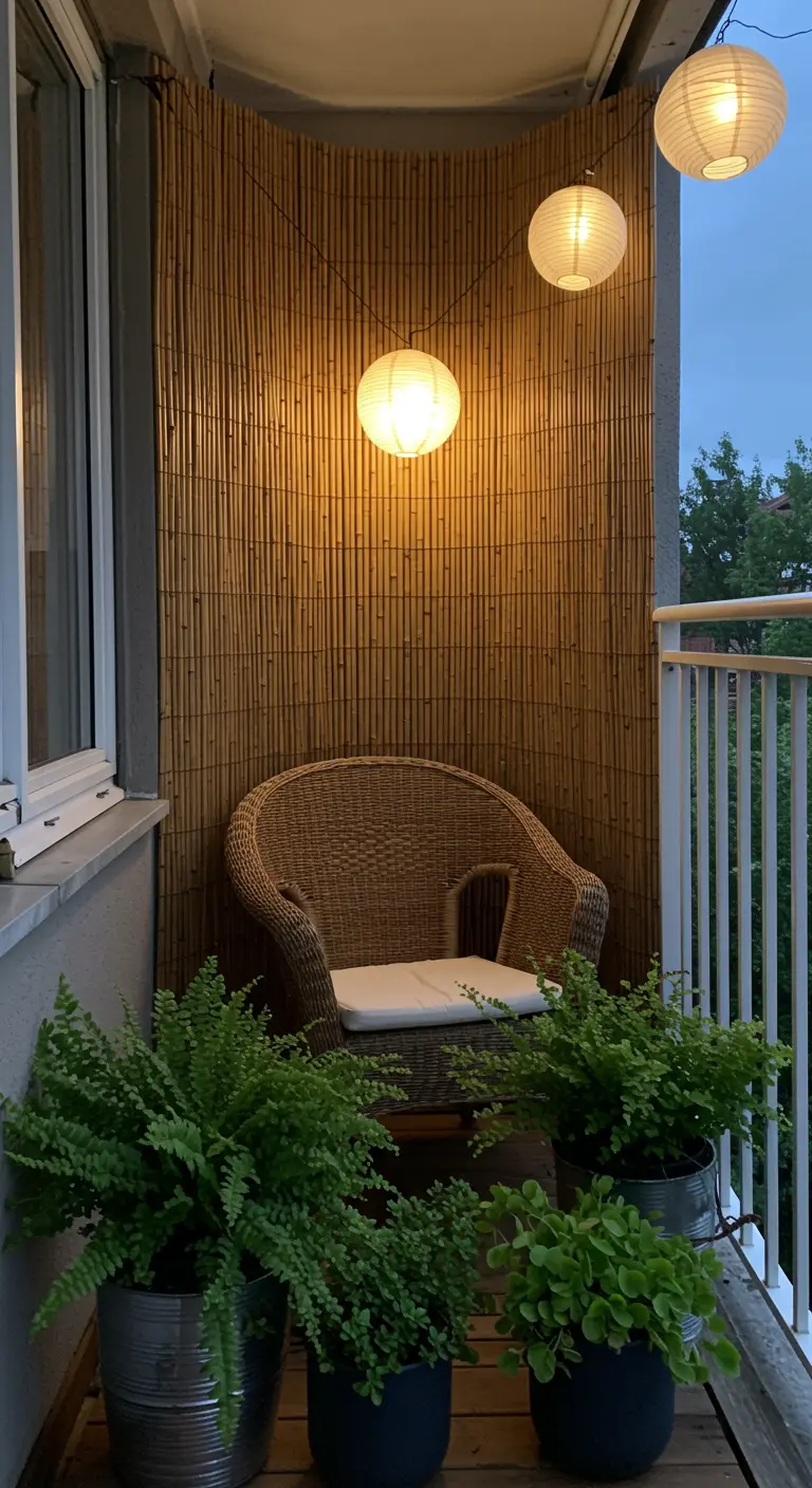A simple, cozy balcony reading nook with a wicker chair, a few plants, and paper lanterns.
