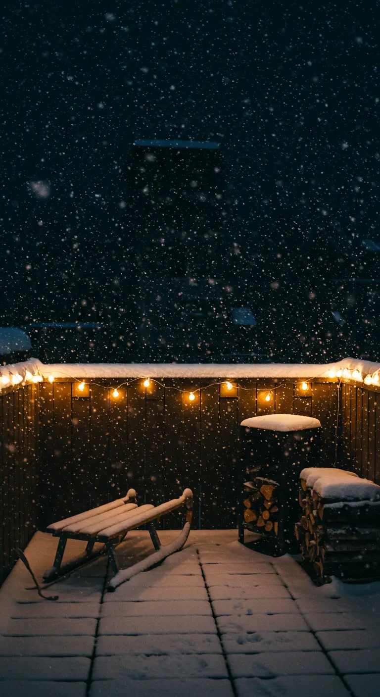 A single sled on a snowy patio at night with string lights in the background.