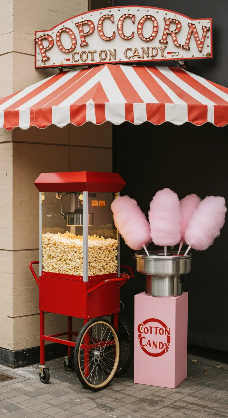 A retro popcorn machine and cotton candy maker under a striped awning.