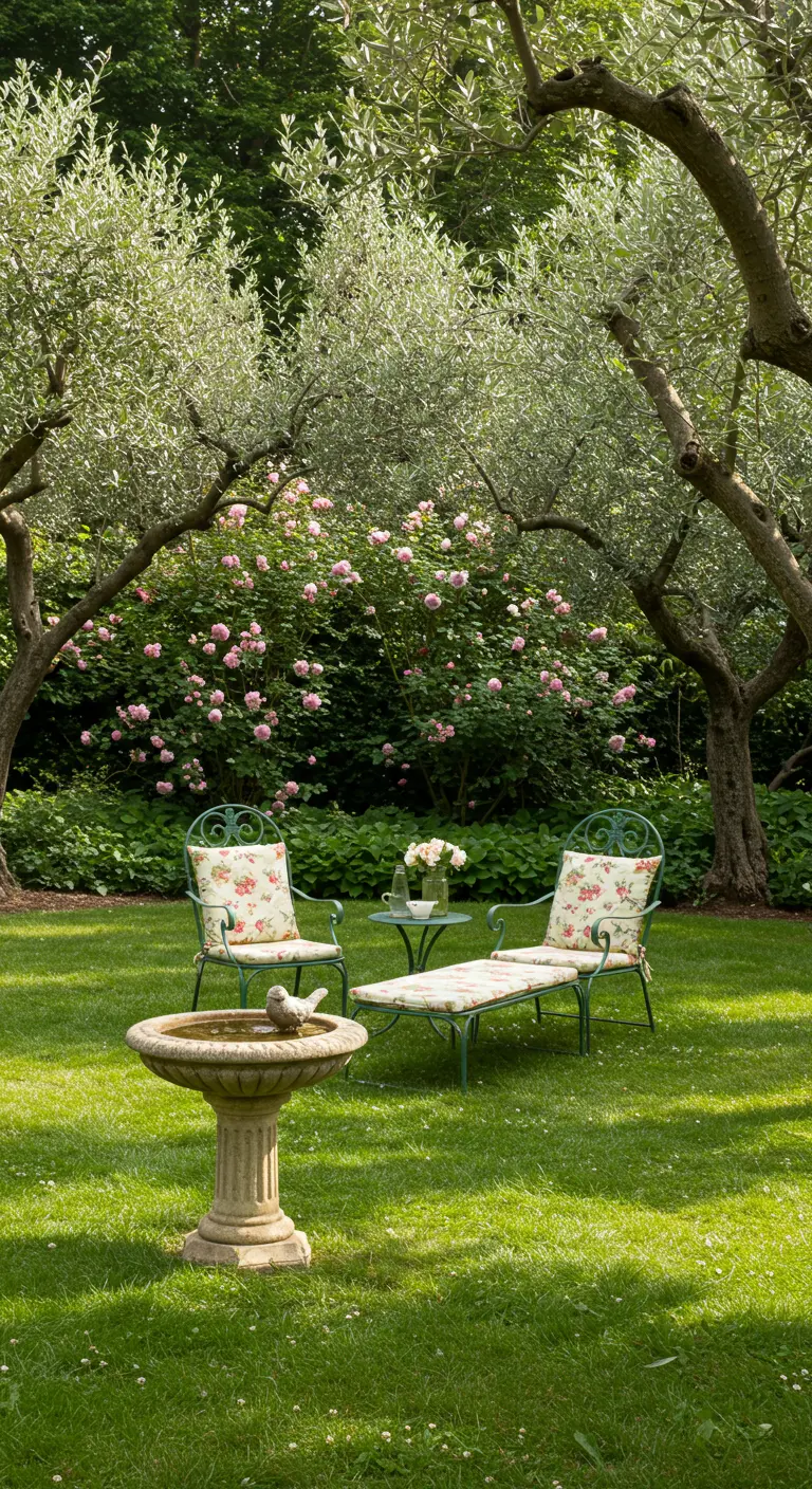 A birdbath and chairs with floral cushions on a lawn in front of a wall of pink roses.