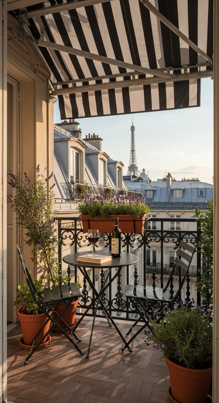 Classic Parisian balcony with black bistro set, striped awning, and Eiffel Tower view.
