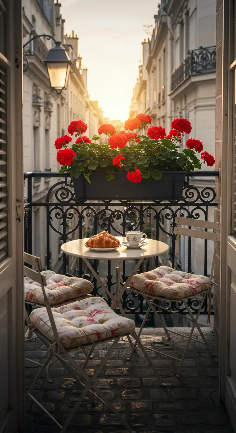 A Parisian balcony with a bistro set and bright red geraniums at sunrise.