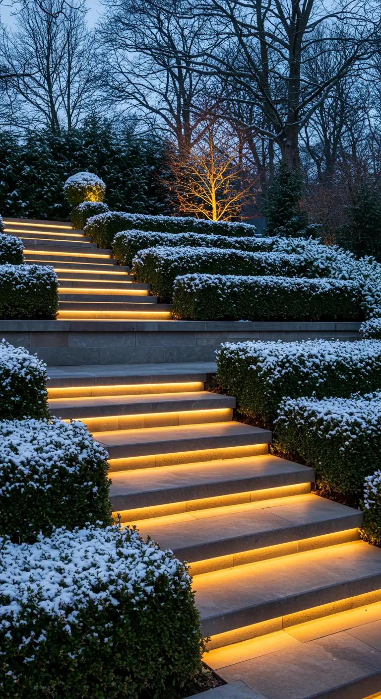 Sleek concrete garden stairs with warm LED light strips tucked under each step.