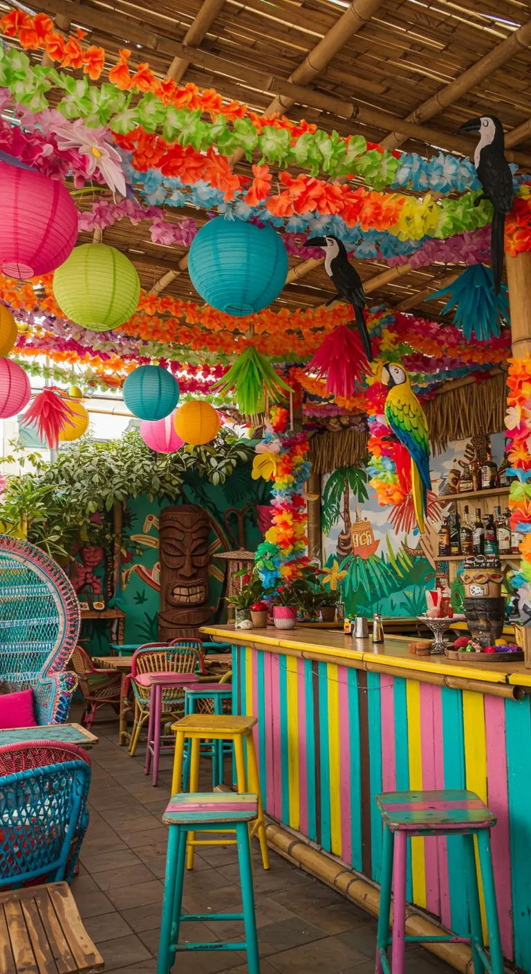 An extremely colorful tiki bar with rainbow leis, paper lanterns, and brightly painted furniture.