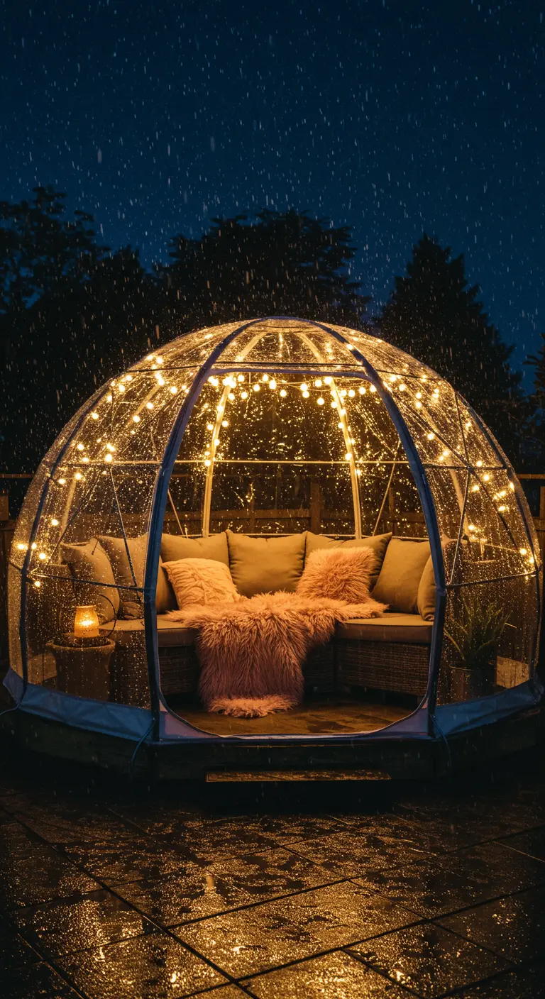 A transparent pod with cozy seating inside, glowing with lights during a rainstorm at night.