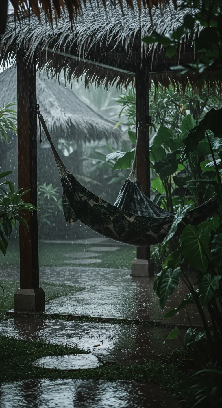 A leaf-print hammock hanging under a thatched roof during a rainstorm, surrounded by lush plants.